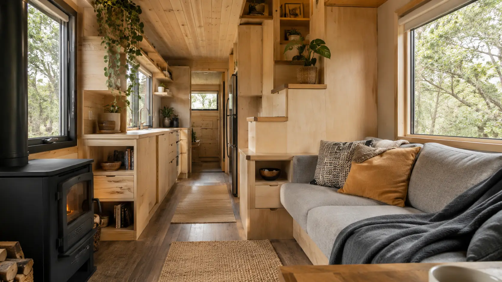Tiny-House-Wohnraum mit Küche und Kamin Gemütlicher Tiny-House-Wohnraum mit Holzinterieur, Küche, Sofa und Kamin für naturnahes Wohnen