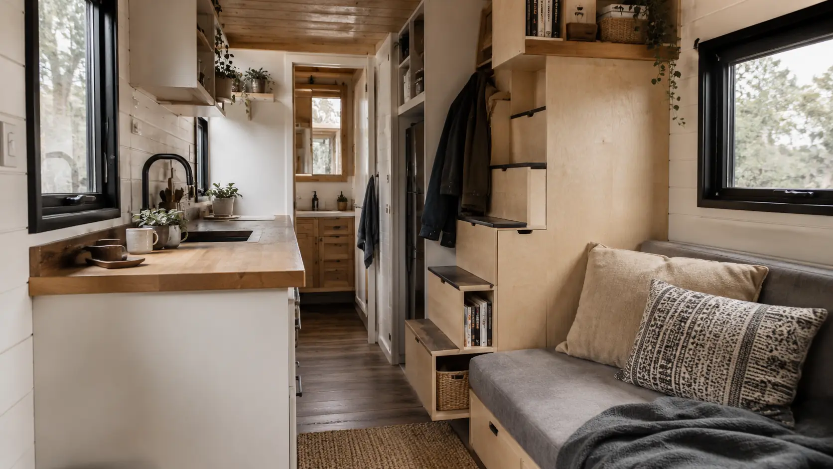 Tiny-House-Wohnraum mit Küche und Stauraum Kompakter Tiny-House-Wohnraum mit Küche, Sofa und Stauraum für nachhaltiges Wohnen auf kleinem Raum