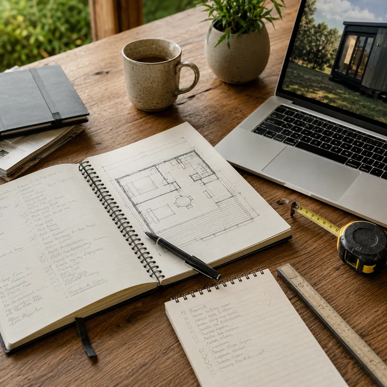 Tiny-House-Planung auf Holzschreibtisch Tiny-House-Planung mit Grundriss, Laptop und Maßband für nachhaltiges Wohnen auf kleinem Raum
