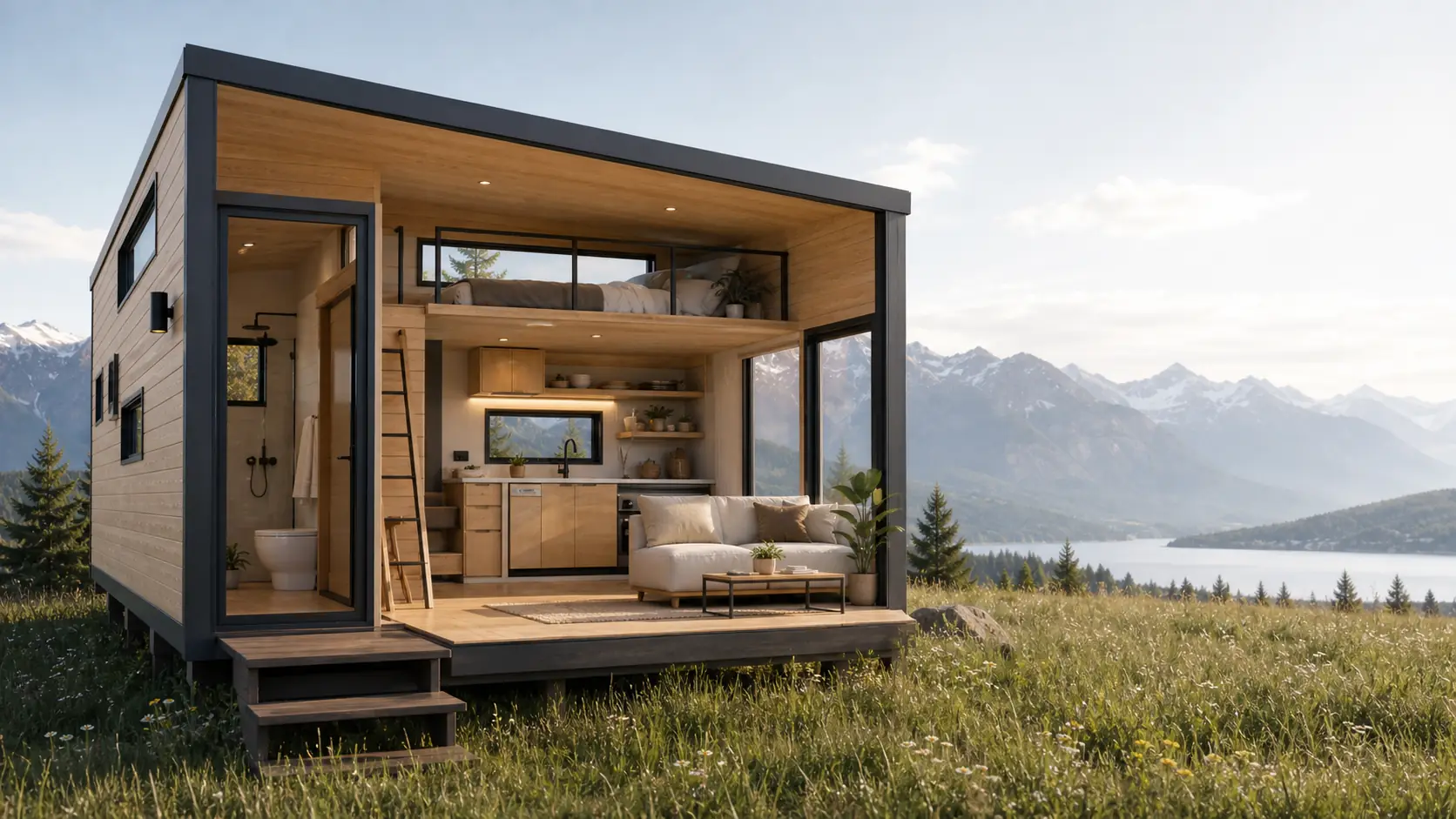 Offenes Tiny House mit Bergblick Offenes Tiny House mit Wohnbereich und Bergblick als Inspiration für nachhaltiges modernes Wohnen