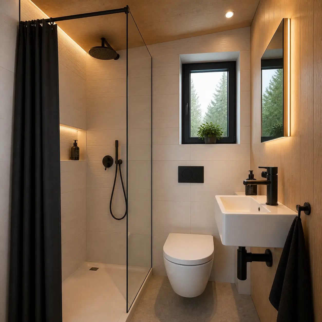 Modernes Tiny-House-Bad mit Glasdusche Modernes Tiny-House-Bad mit Glasdusche, Holzoptik und schwarzer Armatur für kompaktes Wohnen