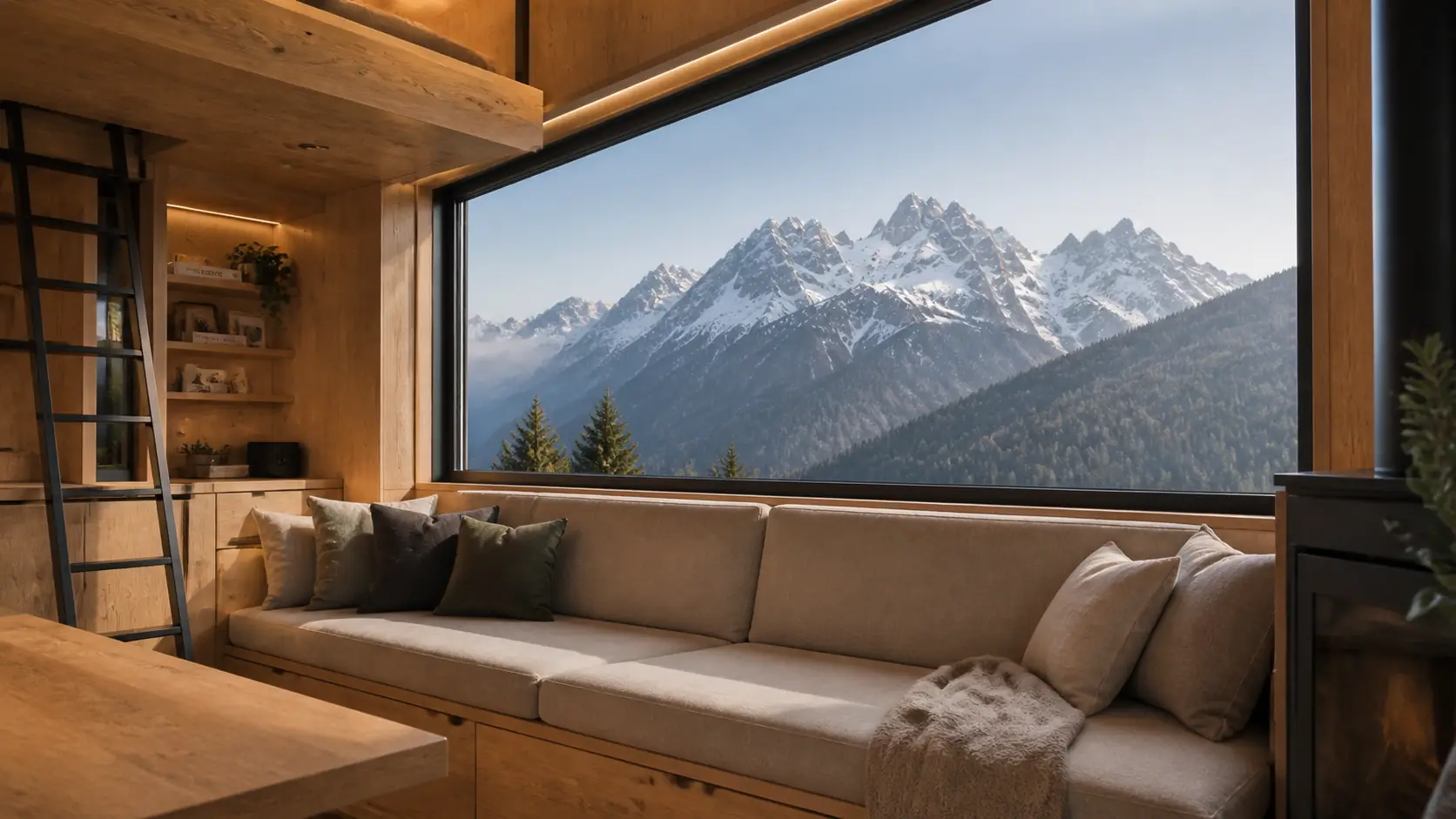 Tiny-House-Wohnzimmer mit Panoramablick Tiny-House-Wohnzimmer mit Panoramafenster und Bergblick für gemütliches Wohnen in der Natur