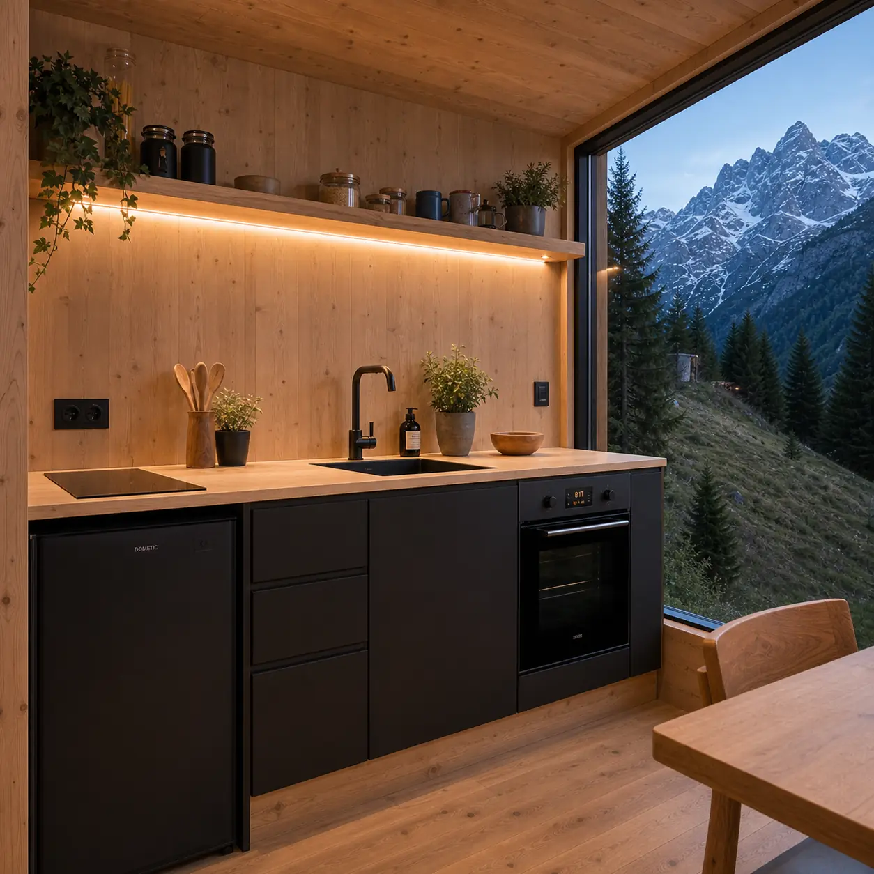 Tiny-House-Küche mit großem Bergfenster Moderne Tiny-House-Küche mit Holzdesign und Bergblick für nachhaltiges Wohnen auf kleinem Raum
