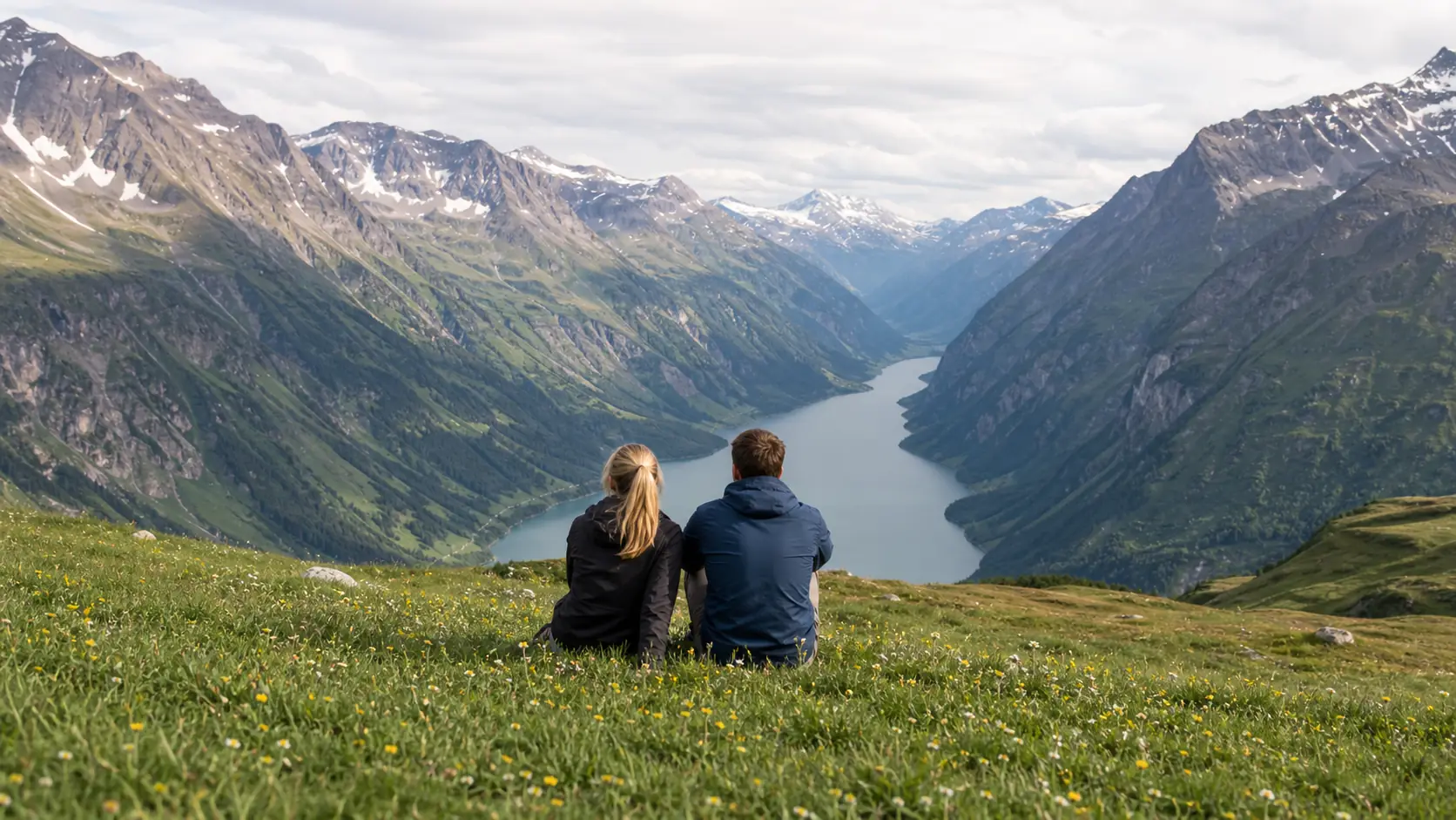 Paar mit Blick auf See und Bergtal Paar genießt Bergblick über See als Symbol für Natururlaub, Freiheit und bewusste Auszeit