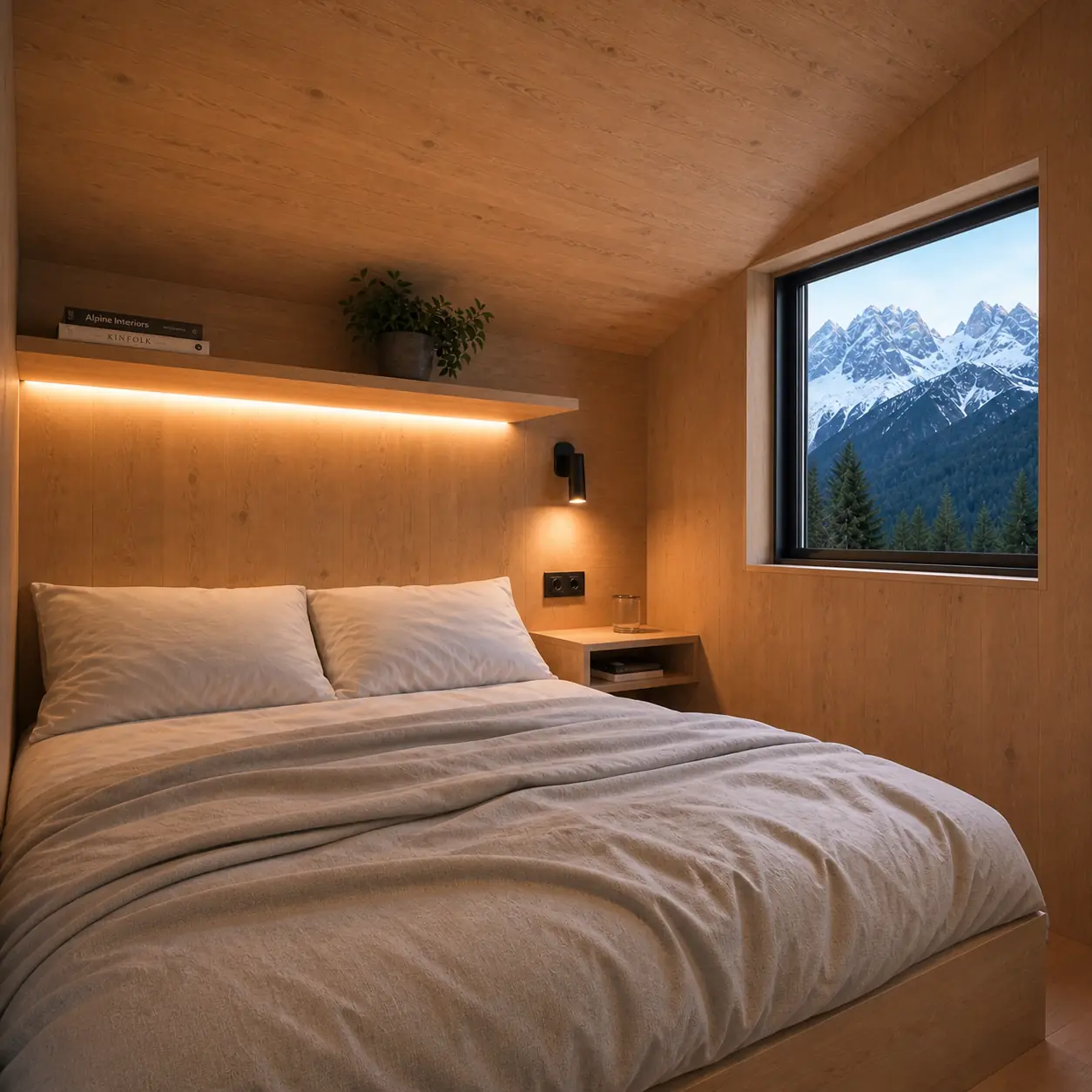 Tiny-House-Schlafzimmer mit Bergblick Gemütliches Tiny-House-Schlafzimmer mit Holzinterieur und Bergblick für erholsames Wohnen