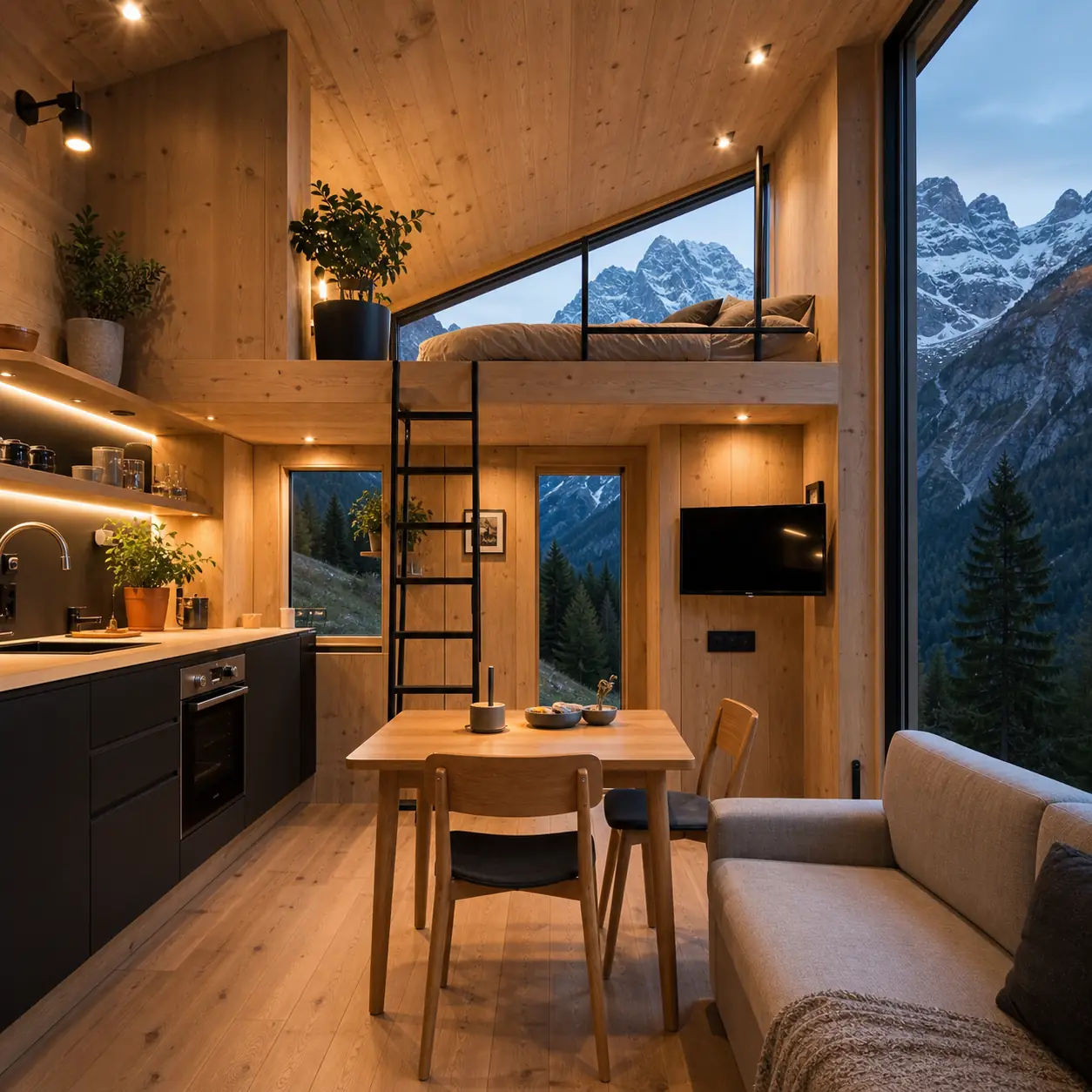 Tiny-House-Innenraum mit Schlafloft und Bergblick Gemütlicher Tiny-House-Innenraum mit Schlafloft, Küche und Bergblick für modernes Wohnen